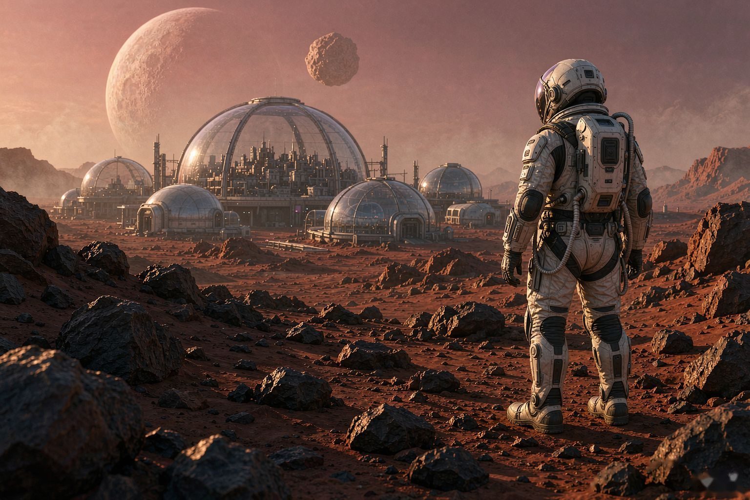 眺望火星殖民地的宇航员